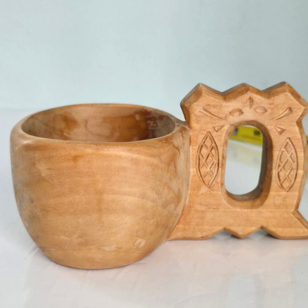 Vintage Polish Carved Wooden Cup Embellished Handle Poland Rustic Folk Art